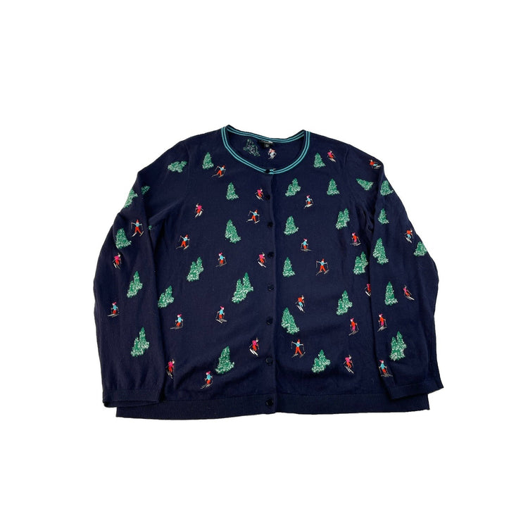 Women Talbots Navy Blue Christmas Tree and Skier Print Cardigan Sweater Size 2XP