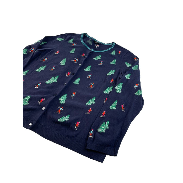Women Talbots Navy Blue Christmas Tree and Skier Print Cardigan Sweater Size 2XP