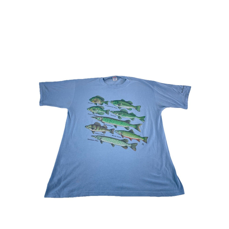 Mens Vintage 90s Jerzee Fish Graphic, Boulder Jct WI Nature Fishing Shirt SizeXl