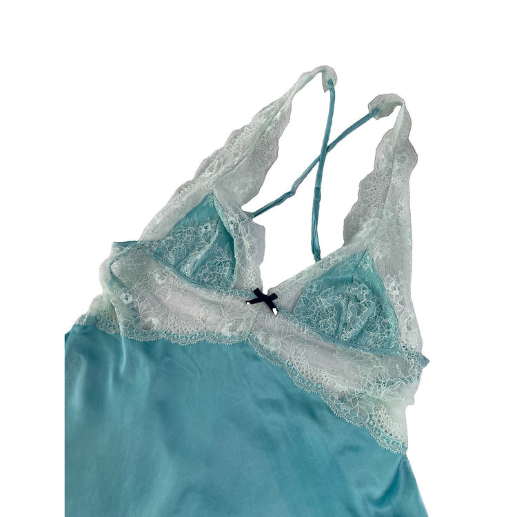 Womens Victorias Secret Blue Silk Nightgown With White Lace Size Medium