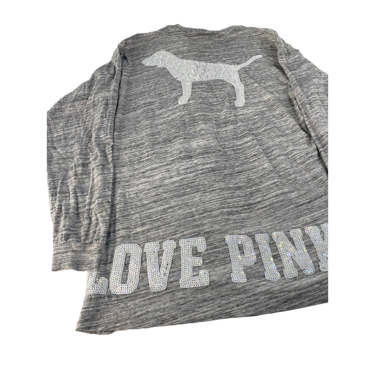 Womens PINK Victorias Secret Gray Long Sleeve T Shirt With White Sequins Size M