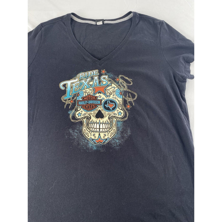 Womens Harley Davidson Black Texas Sugar Skull Graphic V Neck T Shirt Size 2XL
