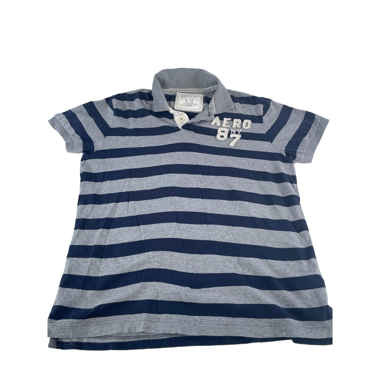 Mens Aeropostale Gray & Navy Blue Striped "Aero NY 87" Graphic Polo Shirt SizeXL