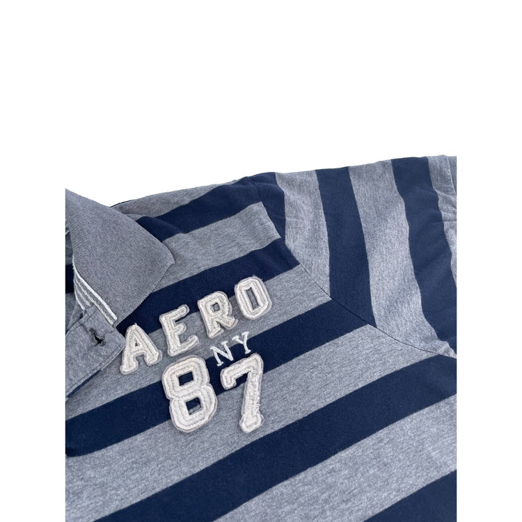 Mens Aeropostale Gray & Navy Blue Striped "Aero NY 87" Graphic Polo Shirt SizeXL
