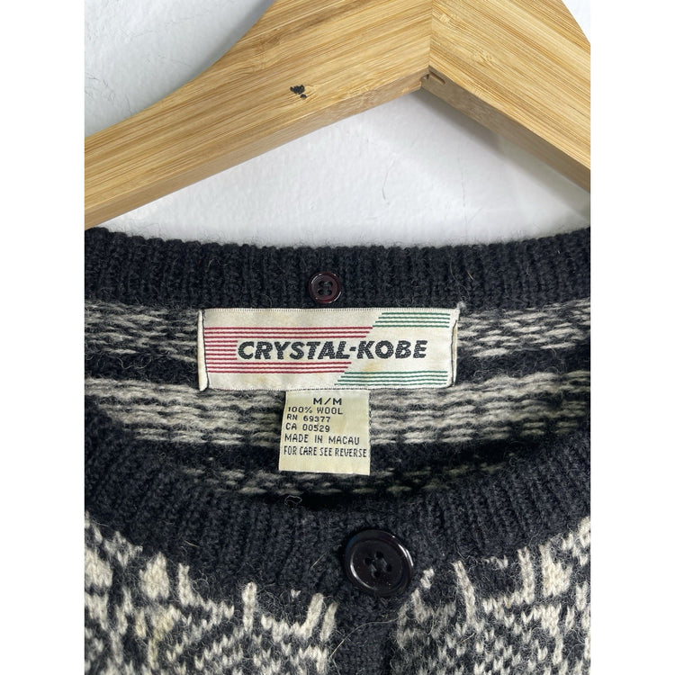 Adult VTG Crystal Kobe Cardigan Black Knit Embroidered 100% Wool Sz M