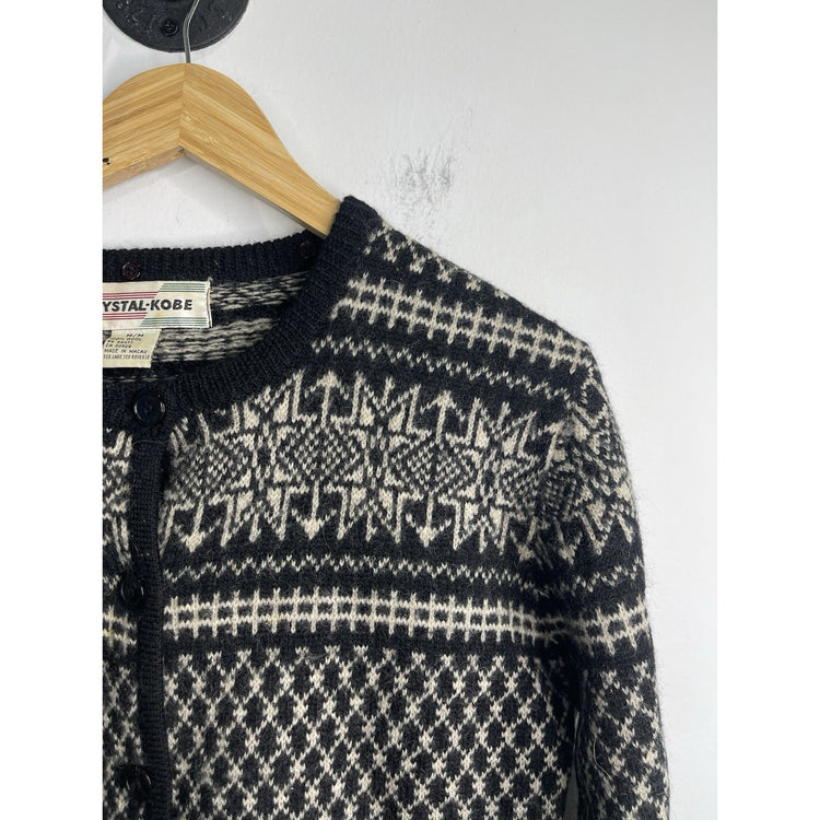 Adult VTG Crystal Kobe Cardigan Black Knit Embroidered 100% Wool Sz M