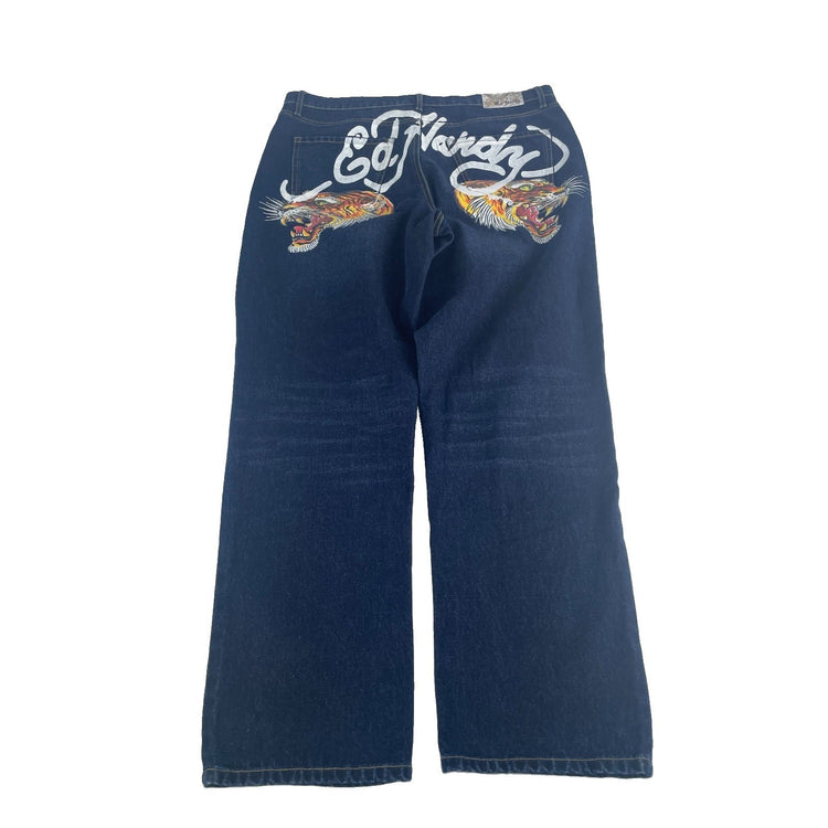 Mens Ed Hardy Tiger Graphic Dark Blue Denim Jeans Size 38