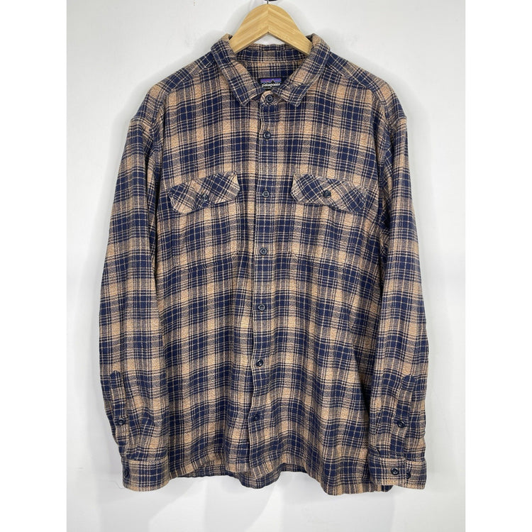 Men’s Patagonia Brown Flannel Button-Up Shirt Plaid Organic Cotton Retro Sz XL