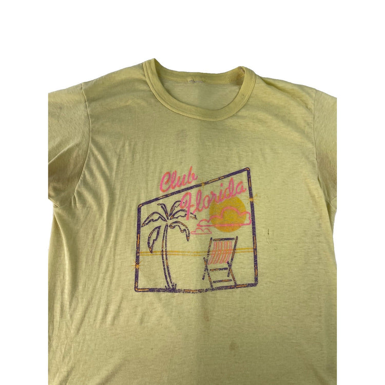 Unisex Distressed Vintage Club Florida Palm Tree Beach Graphic Yellow T-Shirt