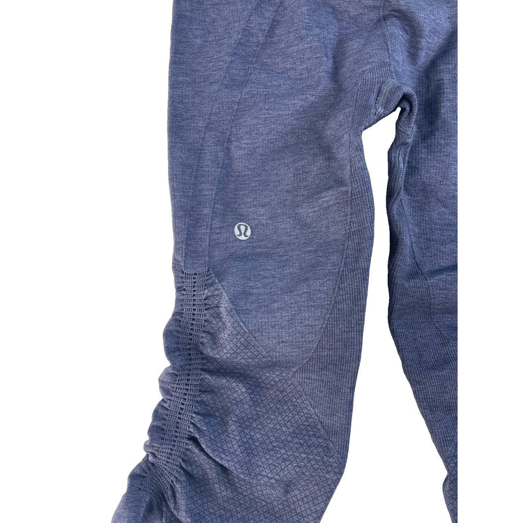 Women Lululemon Seamless Athletic Crop Leggings Blue Heathered Ruched Side Size6