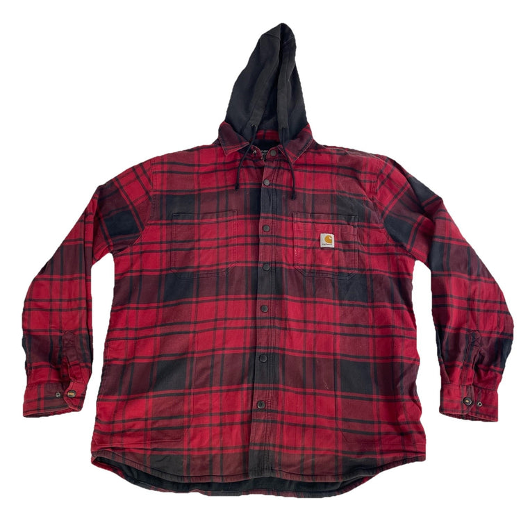 Mens Carhartt Fleece Lined Red & Black Flannel Hooded Shirt Jacket Size XL