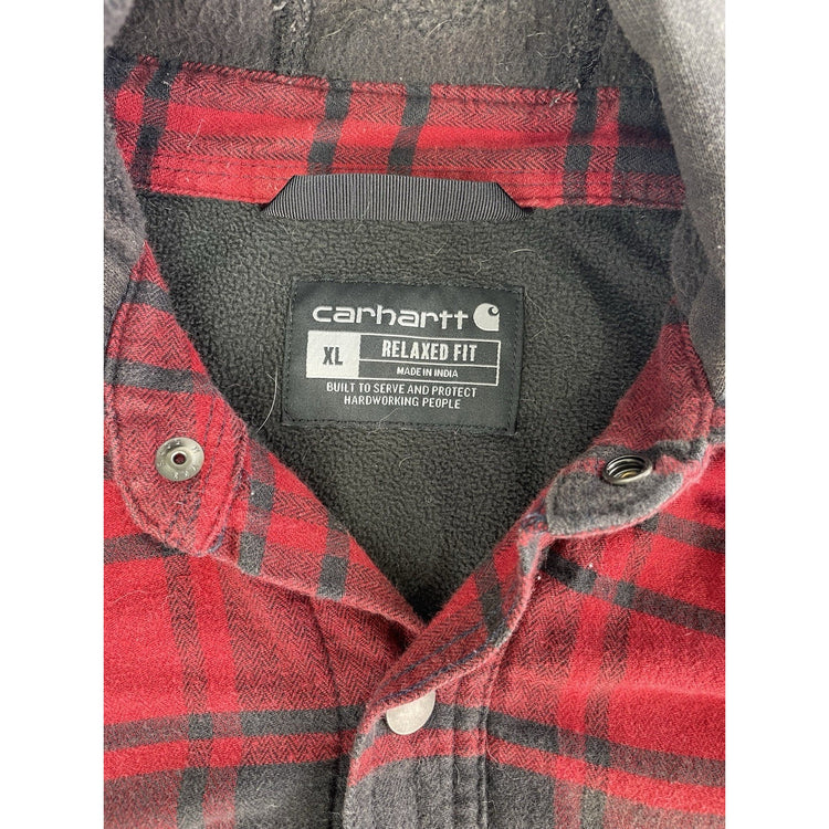 Mens Carhartt Fleece Lined Red & Black Flannel Hooded Shirt Jacket Size XL