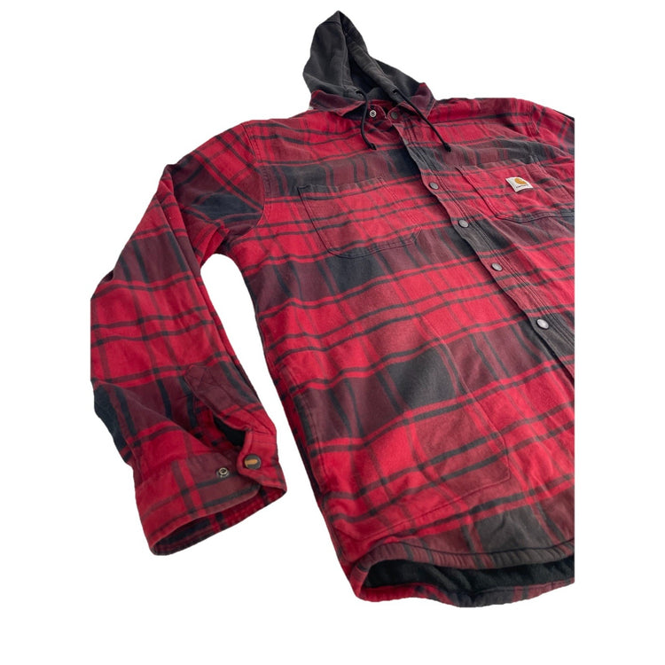 Mens Carhartt Fleece Lined Red & Black Flannel Hooded Shirt Jacket Size XL