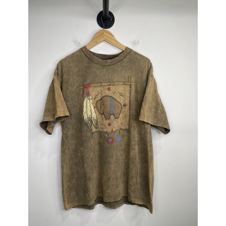 Vintage Peace Pipe Buffalo Tee Brown Size L Single Stitch T-Shirt Distressed