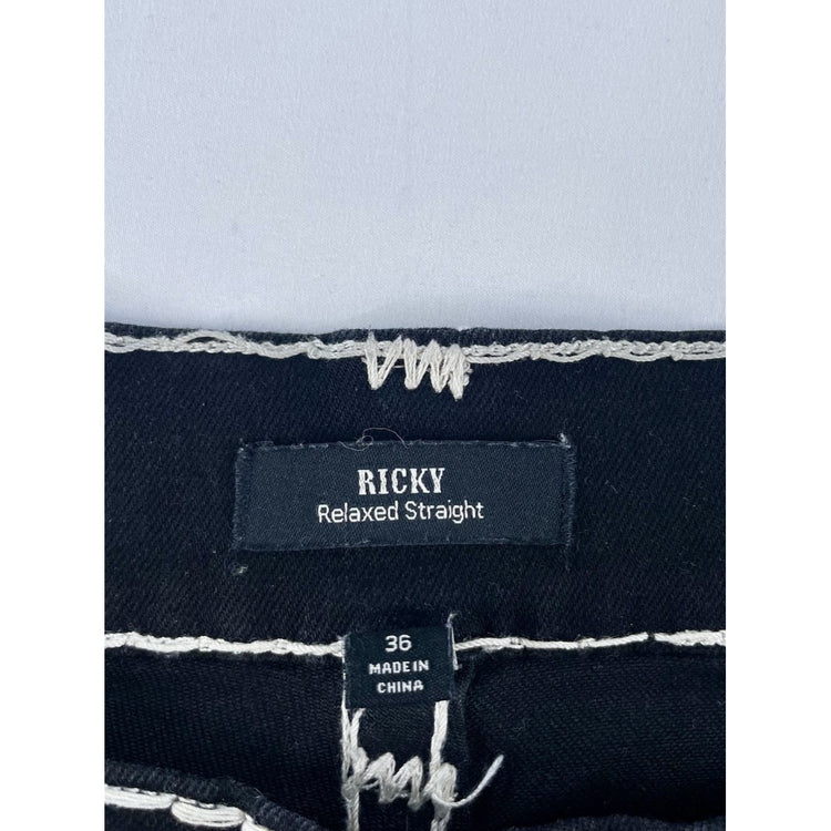 Men's True Religion Ricky Relaxed Straight Jeans Black White Stitch Size 36