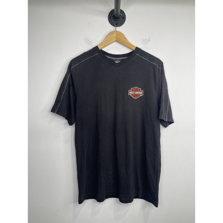 Men’s Modern V Neck Embroidered Harley Davidson Black Short Sleeve T Shirt Sz L