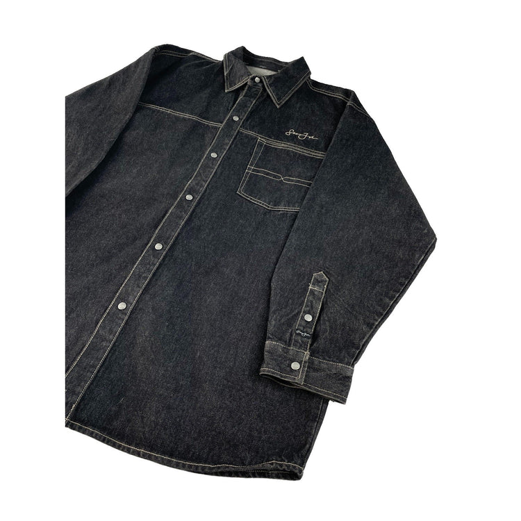 Men Vintage Sean John Black Contrast Stitch Baggy Denim Button Up Shirt SIZE 2XL