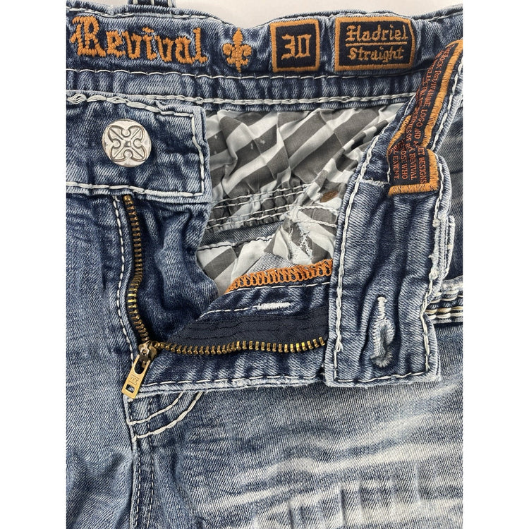Mens Rock Revival Hadriel Straight Patched Rips, Lightwash Jeans Size 30