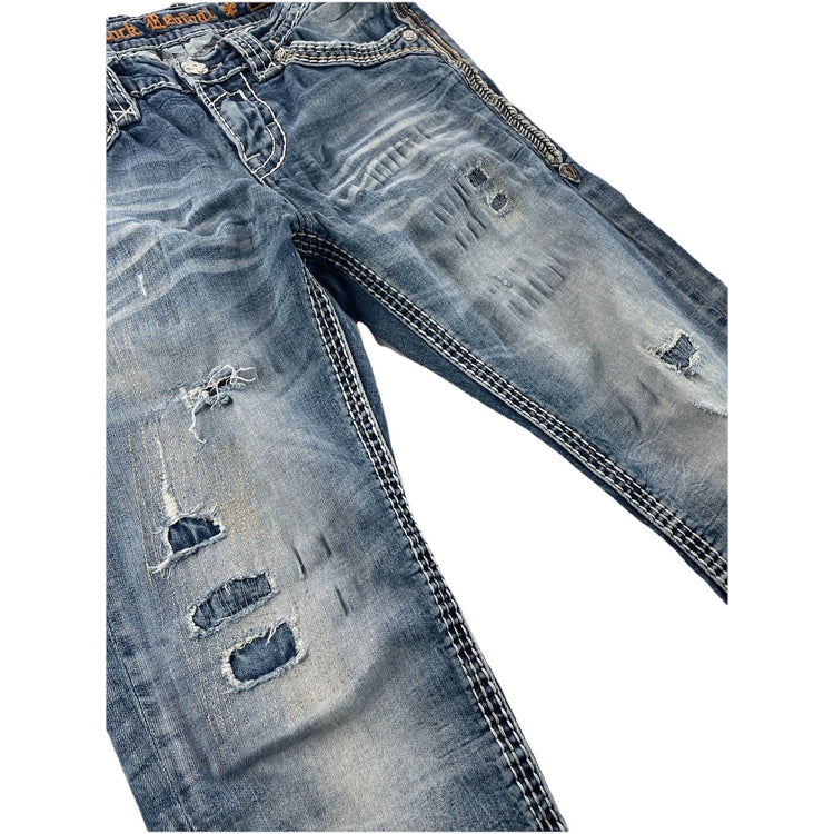 Mens Rock Revival Hadriel Straight Patched Rips, Lightwash Jeans Size 30