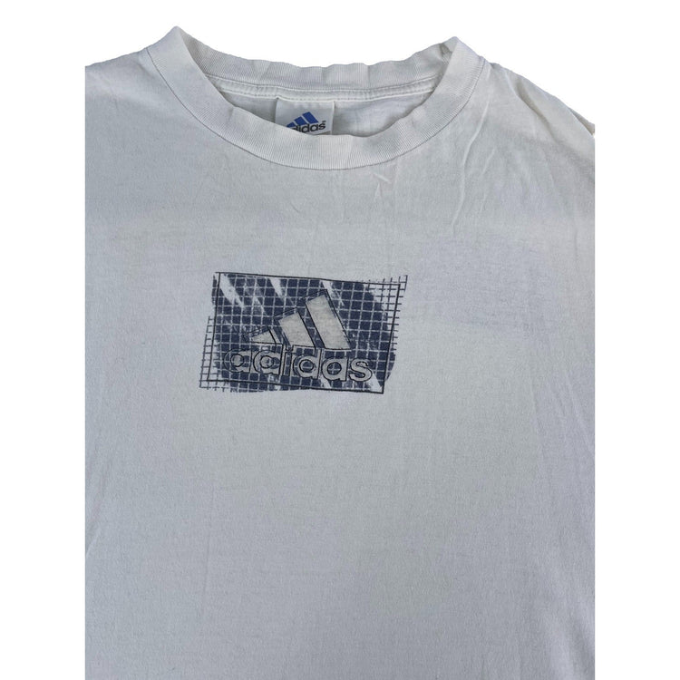 Mens Vintage 90s Adidas Long Sleeve T-Shirt Grid Logo Graphic White Size M