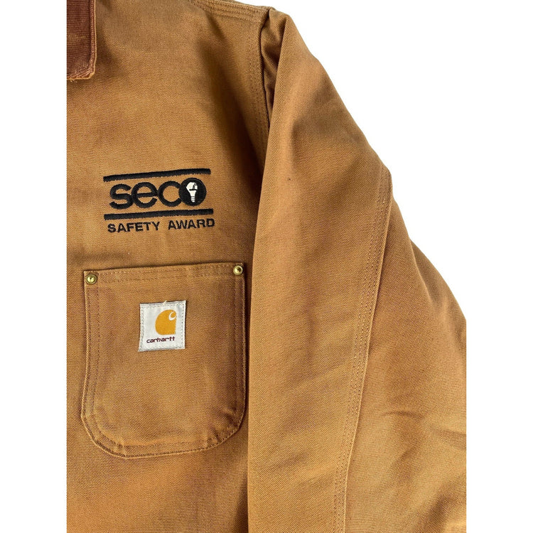 Mens Carhartt Brown SECO Safety Award Duck Canvas Chore Coat Jacket Size 44