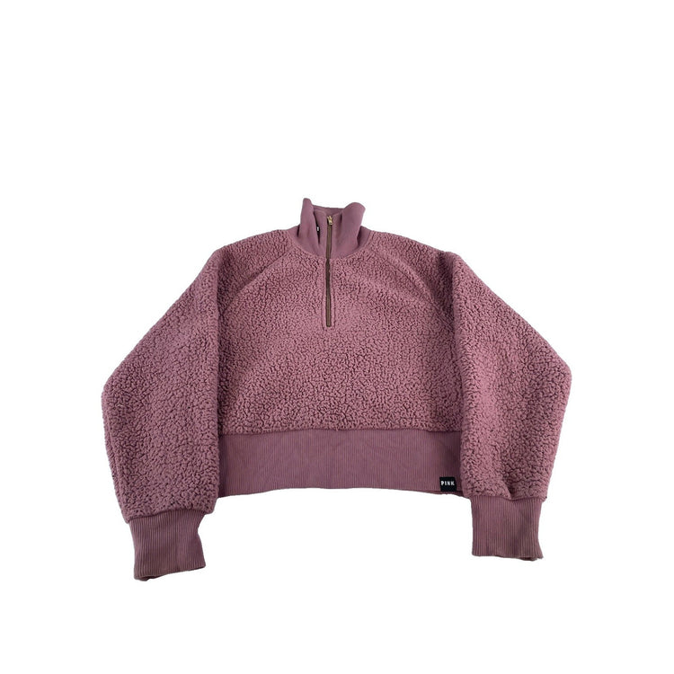 Women PINK Victorias Secret 1/4 Zip Teddy Fleece Crop Pullover Size XS
