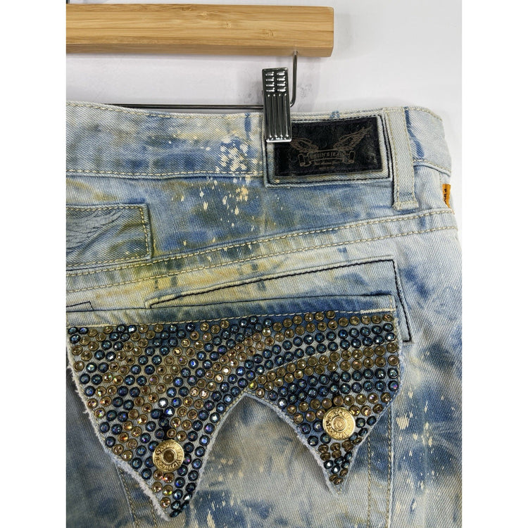 Mens Robin’s Distressed Blue Jean Denim Rhinestones Shorts Size 42