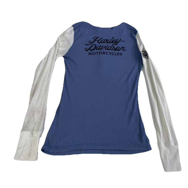 Womens Harley Davidson Motorcycle Blue & White Longsleeve Shirt Size S