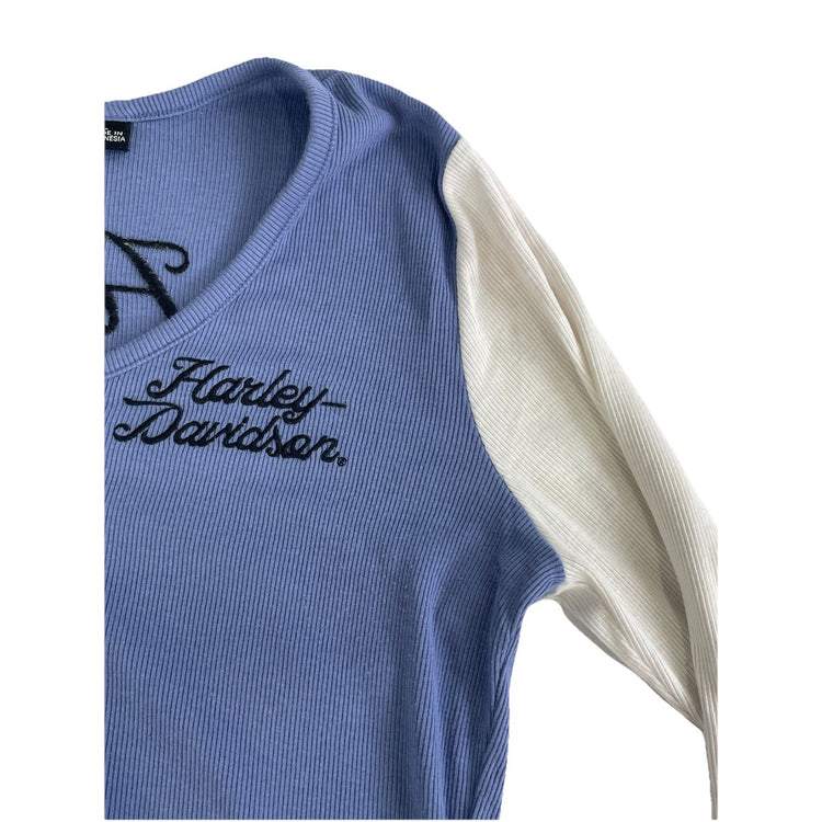 Womens Harley Davidson Motorcycle Blue & White Longsleeve Shirt Size S
