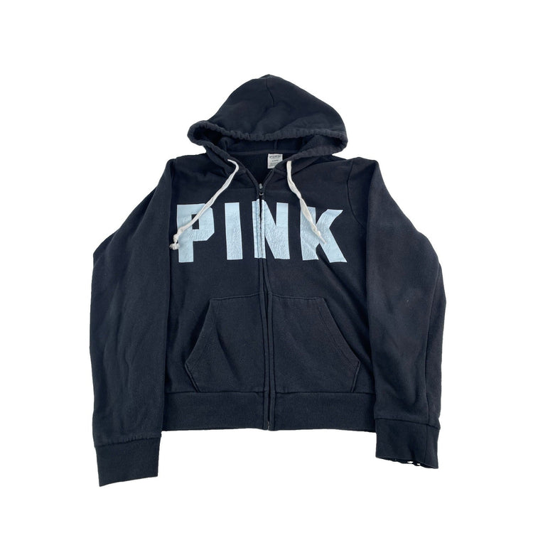 Womens Victoria's Secret PINK Black Full Zip Graphic Hoodie Sweatshirt Size M