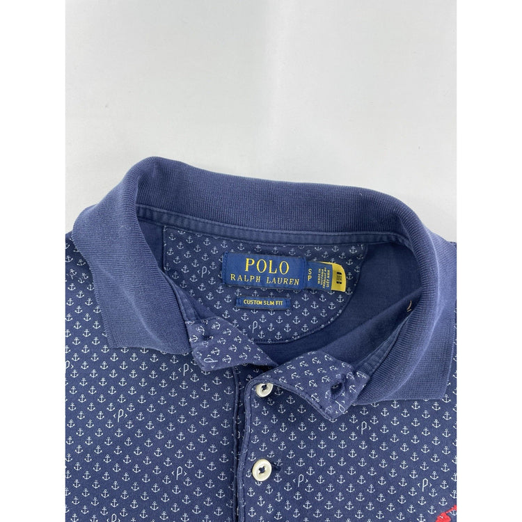 Mens Polo Ralph Lauren Size Small Navy Blue Anchor Print Collared Shirt