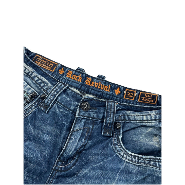 Men’s Rock Revival Yoel Straight Medium-Dark Wash Blue Jeans Size 32