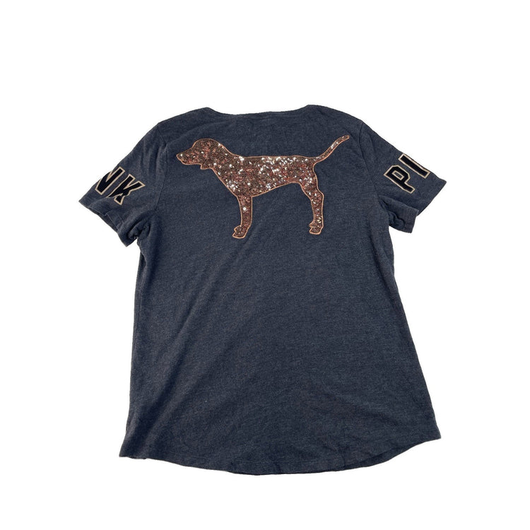 Women's Victoria's Secret Pink Gray Sequin Dog Logo T-Shirt Size L