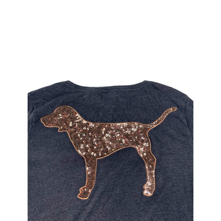 Women's Victoria's Secret Pink Gray Sequin Dog Logo T-Shirt Size L