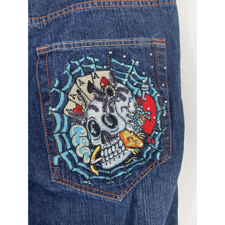 Rare Ed Hardy Skull Rhinestones Baggy Y2K Jeans 41x33 Skulls Heart Embroidered