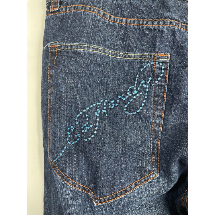 Rare Ed Hardy Skull Rhinestones Baggy Y2K Jeans 41x33 Skulls Heart Embroidered