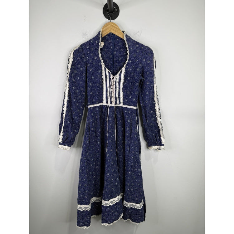 1970’s Vintage Gunne Sax Jessica McClintock Prairie Maxi Dress Navy Floral Sz 5
