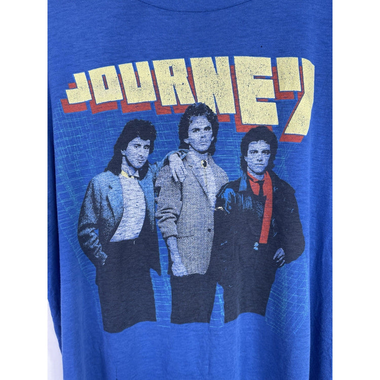 Vintage 1980s Journey Raised On Radio Blue Men’s Graphic Double Sided T-Shirt Size XL