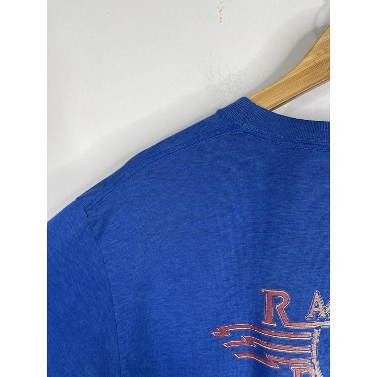 Vintage 1980s Journey Raised On Radio Blue Men’s Graphic Double Sided T-Shirt Size XL