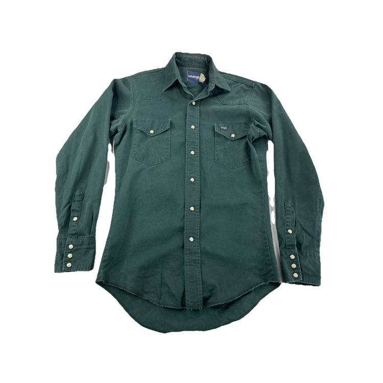 Mens Wragler Green Forest Denim-Style Snap-Down Shirt Size 14 1/2 X 33