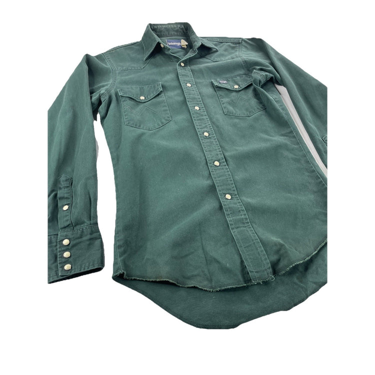 Mens Wragler Green Forest Denim-Style Snap-Down Shirt Size 14 1/2 X 33