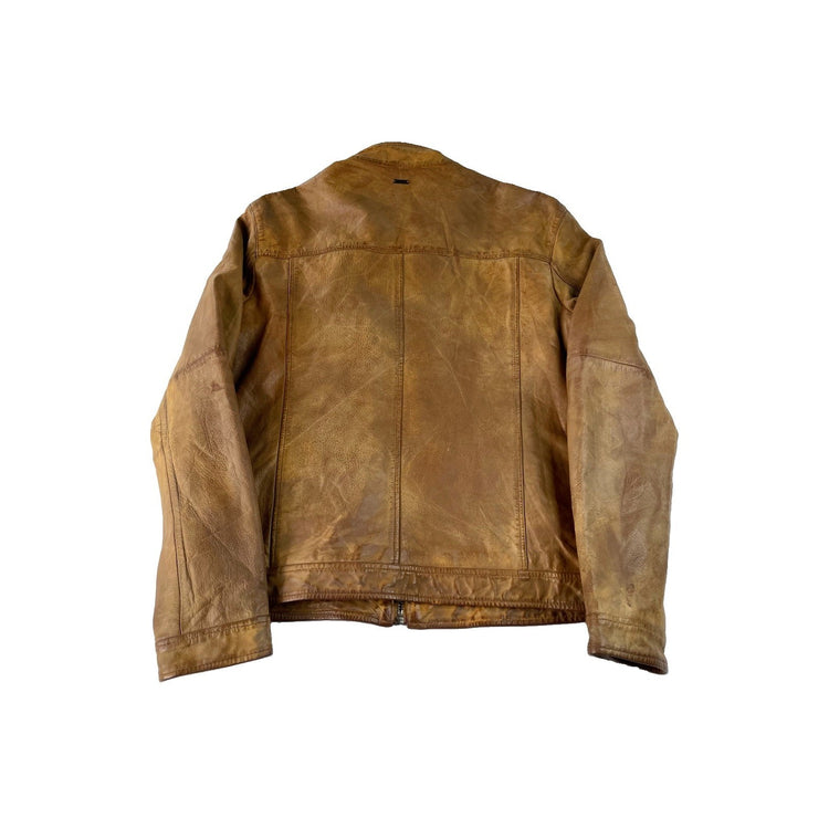 Mens Vintage Basement Tan Brown Lined Quilted Cafe Racer Leather Jacket SIZE S