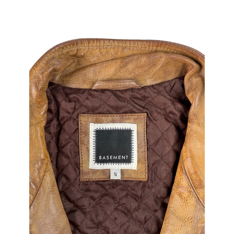 Mens Vintage Basement Tan Brown Lined Quilted Cafe Racer Leather Jacket SIZE S