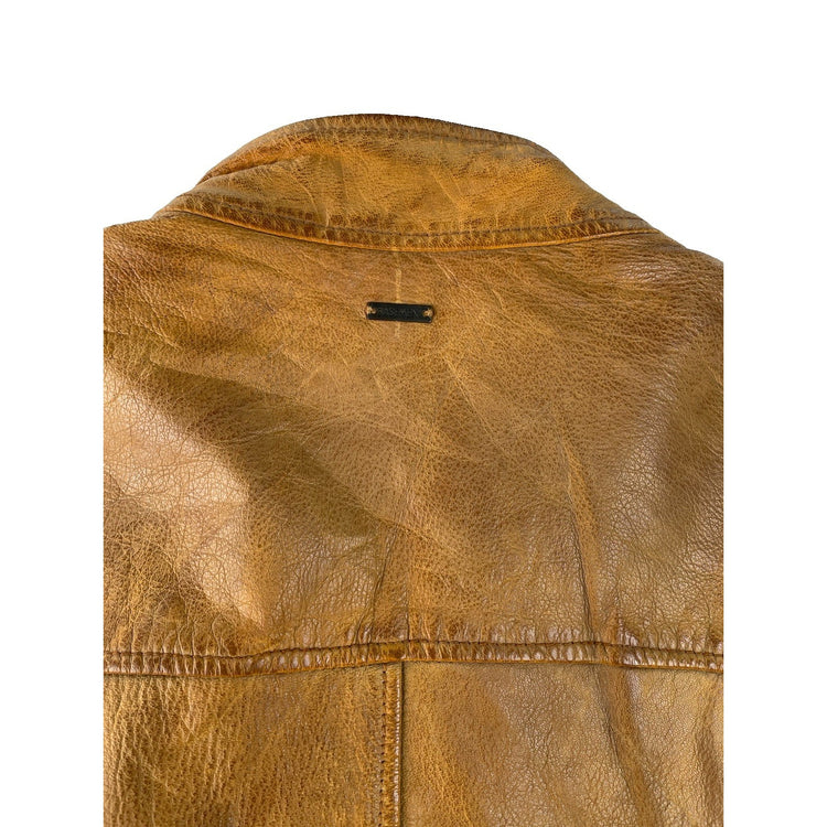 Mens Vintage Basement Tan Brown Lined Quilted Cafe Racer Leather Jacket SIZE S