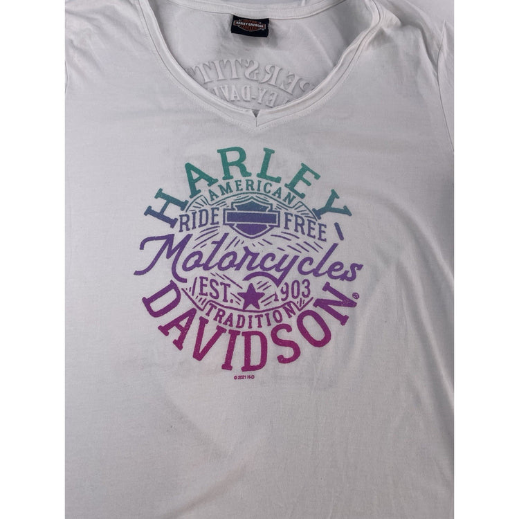Womens Harley Davidson Motorcycle White Longsleeve V-Neck Shirt Size M