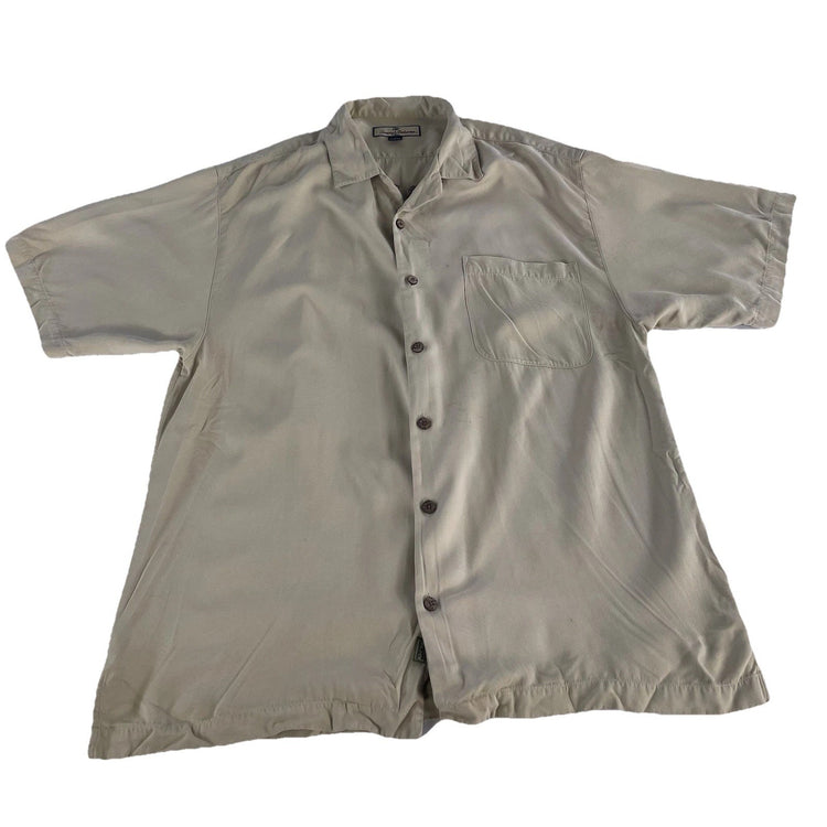 Mens Tommy Bahama Beige Silk ‘Casting Agent’ Collared Button Up Shirt Size Large