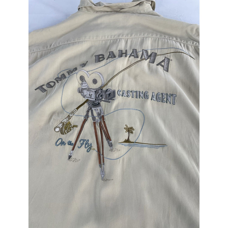 Mens Tommy Bahama Beige Silk ‘Casting Agent’ Collared Button Up Shirt Size Large
