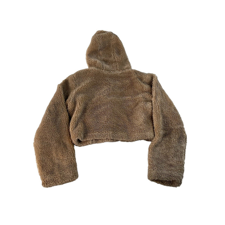 Women's Alo Faux Fur Sherpa Full Zip Hooded Crop Jacket Tan Size M