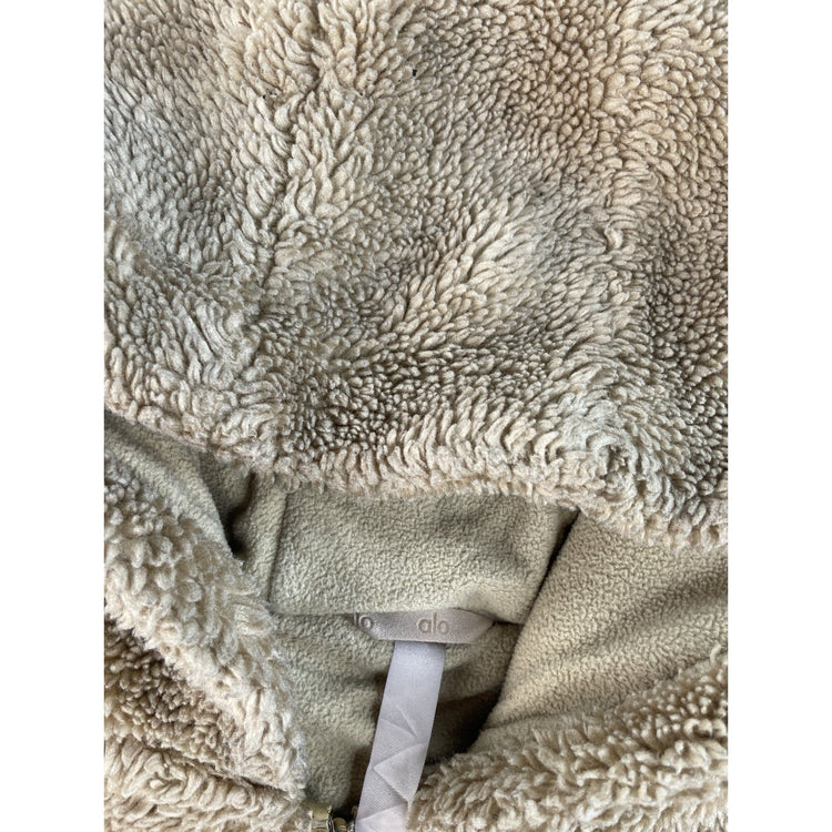 Women's Alo Faux Fur Sherpa Full Zip Hooded Crop Jacket Tan Size M