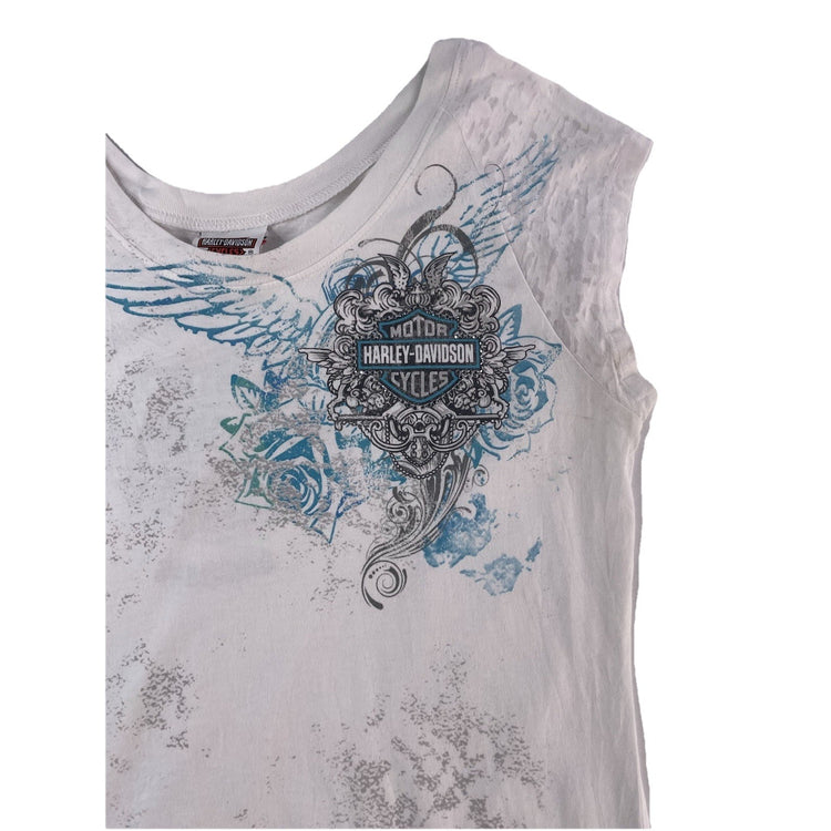 Womens Harley Davidson Motorcycles White&Blue Slim Fit Shirt Size 2Xl